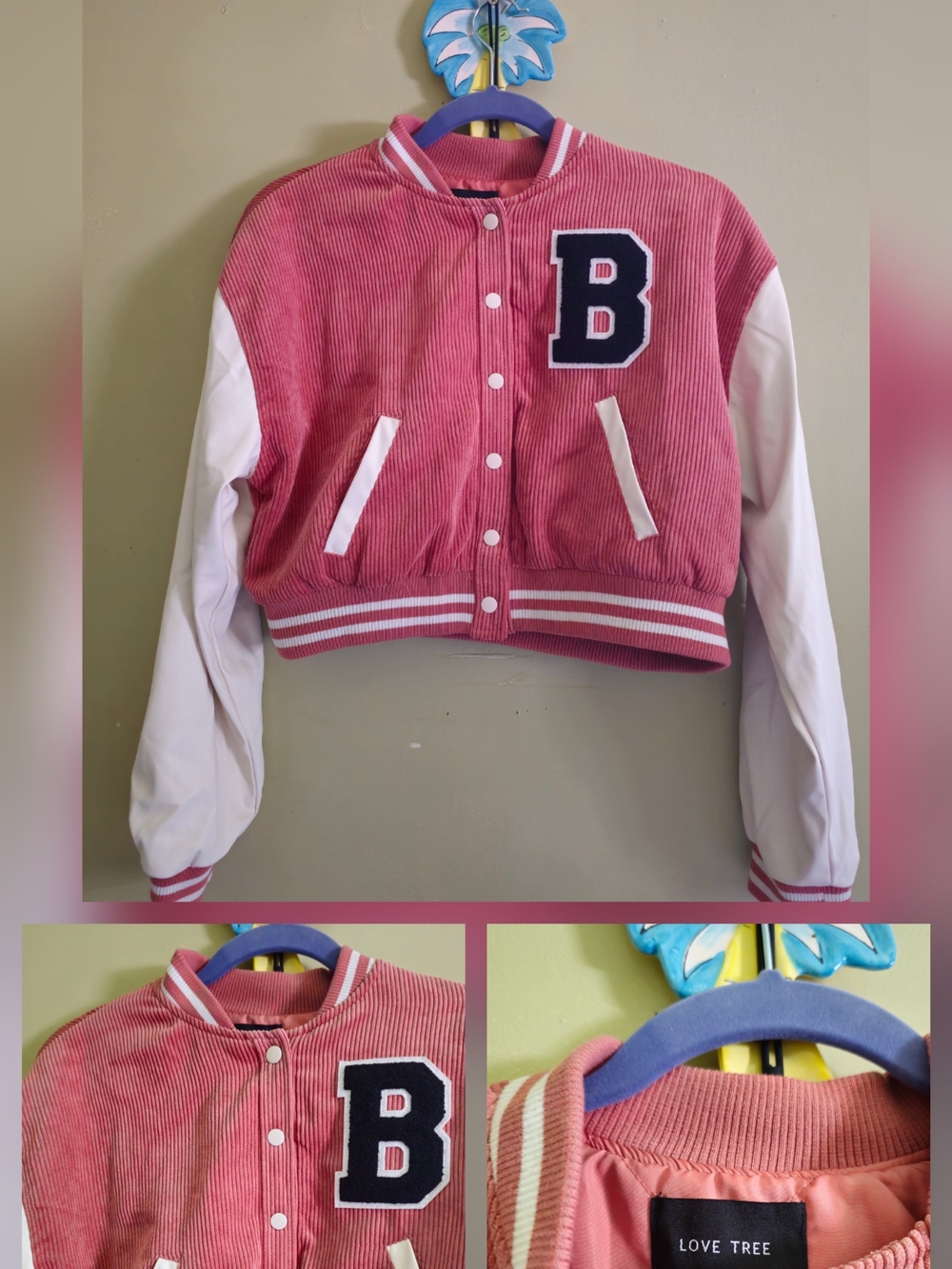 Love Tree Pink and White Girls' Corduroy Varsity Jacket with Letter B